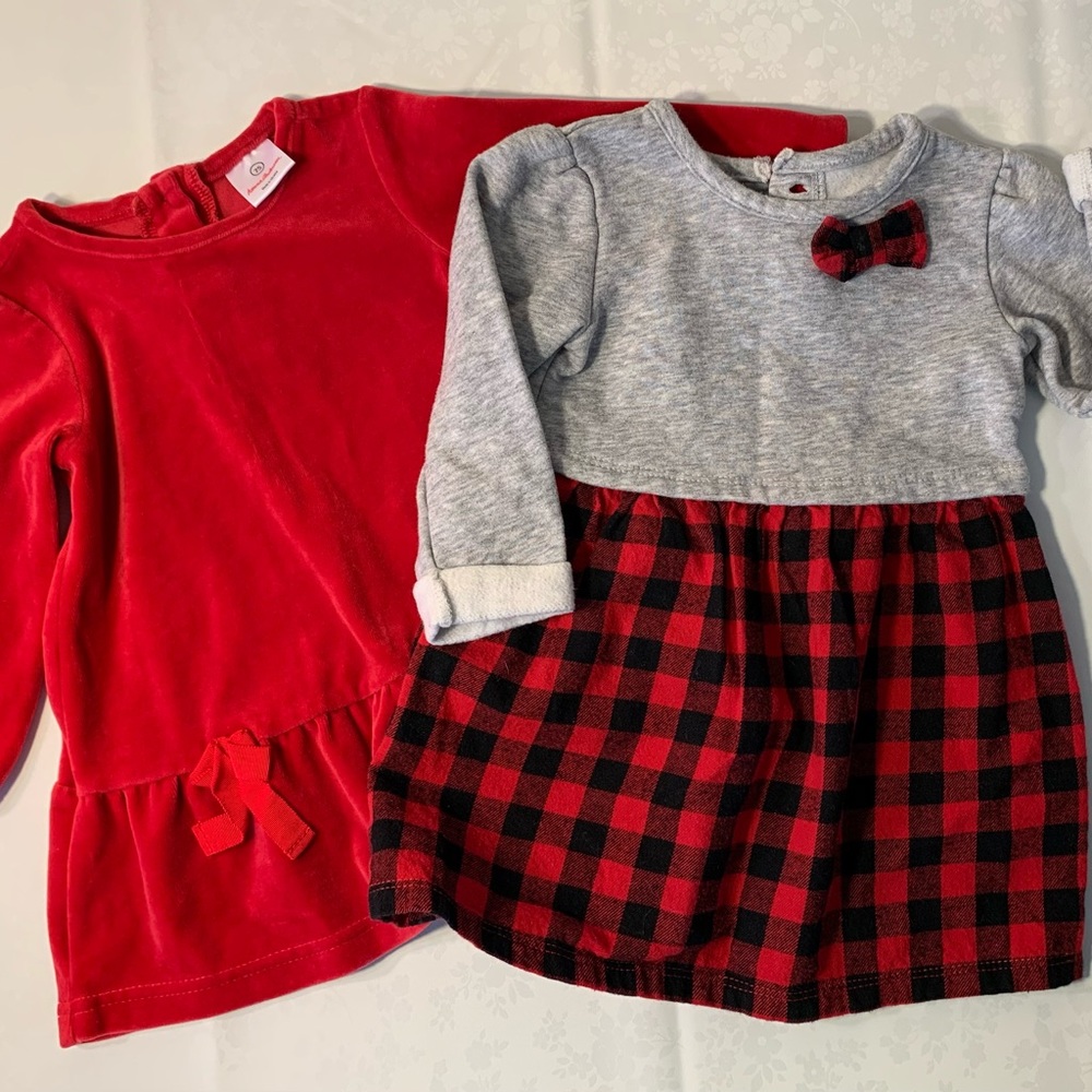 EUC 2 Dresses: Christmas Red Velvet & Red/Black Buffalo Plaid w Gray Bodice